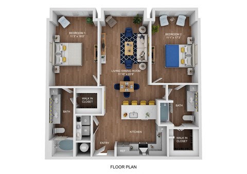 Floor plan for 2 beds, 2 baths, 1268 sqft